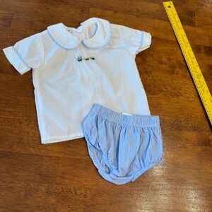 Benoit & Matisse Blue White Train Outfit Set shirt bloomers size 6 months